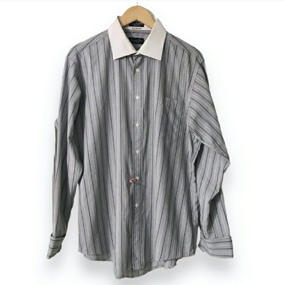 CHRISTIAN DIOR Men’s Striped Button Front Dress Shirt Vintage EUC!